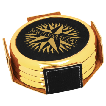 Black and gold Deluxe Leatherette Coaster Set - Round